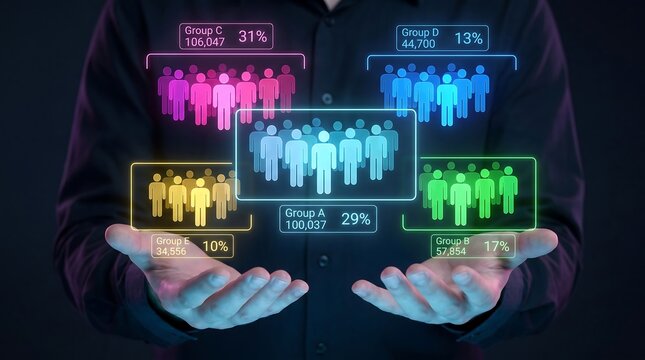 Person presenting colorful group statistics in a futuristic digital interface