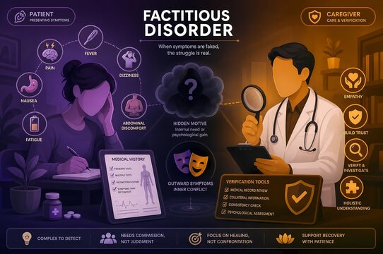 Factitious disorder infographic illustration of feigned symptoms and medical verification