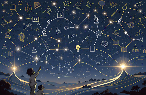 International Day to Protect Education from Attack illustration with night sky constellations books microscopes molecules DNA test tubes and discovery design generated ai
