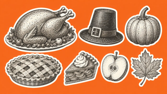 thanksgiving elements collection, pilgrim hat, pumpkin, traditional pie, maple leaf, roasted turkey, retro halftone set, autumn vintage stipple effect style illustration