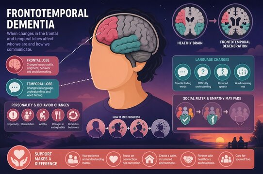 Frontotemporal dementia infographic illustration of brain lobe degeneration and behavior changes