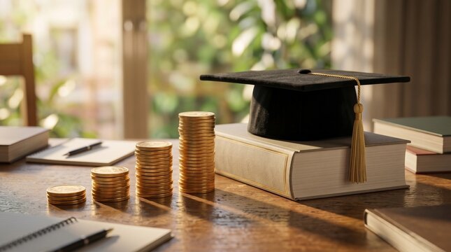 Education Investment Concept with Graduation Cap, Books and Stacks of Coins on Wooden Desk