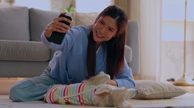 Young Asian woman taking selfie with smartphone small dog wrapped in striped blanket at home living room sofa floor cheerful smile casual pet friendship photo