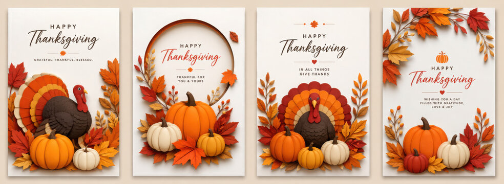 Set background for covers, invitations, posters, banners, flyers, placards. Minimal template design for branding, advertising with thanksgiving day composition in papercut style. Vector illustration.