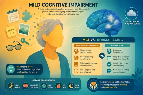 Mild cognitive impairment MCI infographic illustration comparing memory loss and normal aging