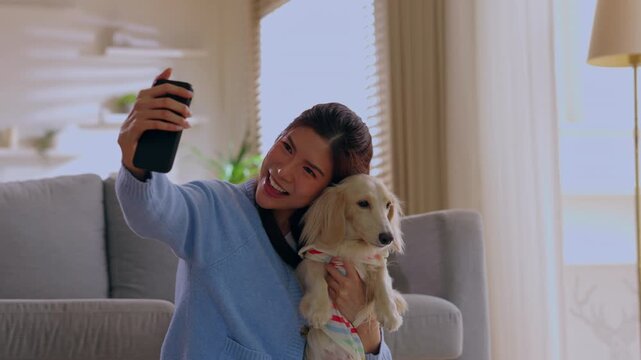 Young woman taking happy selfie with dog on sofa using smartphone in bright living room, smiling with pet companion at cozy home near window with natural light