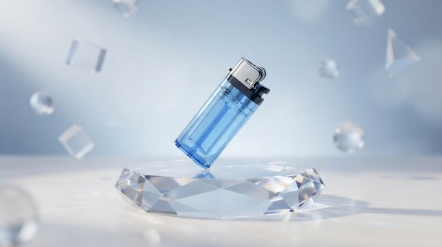 Blue translucent lighter on a faceted crystal with floating geometric shapes