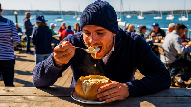 Man in a beanie eating clam chowder from a bread bowl at a harbor. Hungry diner enjoying a warm seafood meal on a sunny coastal wharf deck. Coastal dining concept for travel and food marketing.