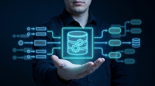 Man in a dark shirt holding a glowing database icon in his hand