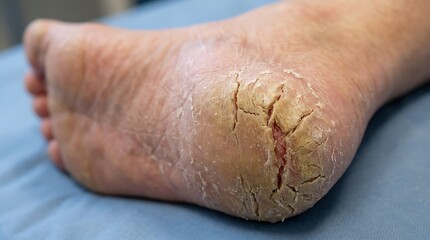 Fototapeta premium Close up of a human foot with severe dry cracked skin and calluses on the heel area