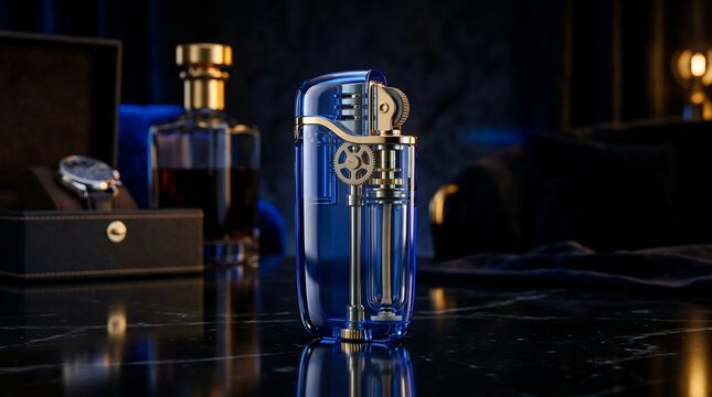 Elegant blue metal lighter with gold accents on reflective surface