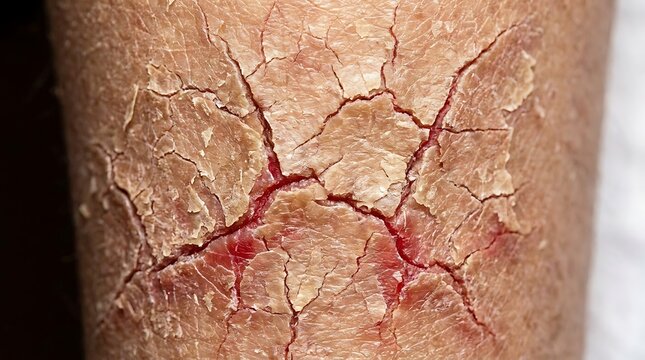 Close up view of extremely dry cracked skin with inflammation and bleeding on a human leg