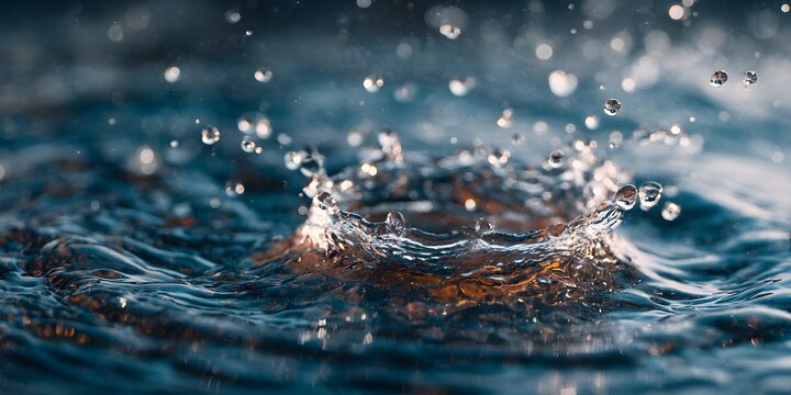 Water splashes upward with tiny droplets suspended in the air against a rippling blue surface.