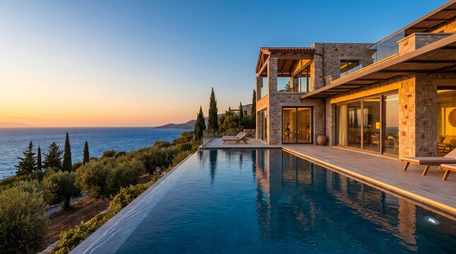Luxury villa with infinity pool overlooking the Mediterranean sea at sunset.