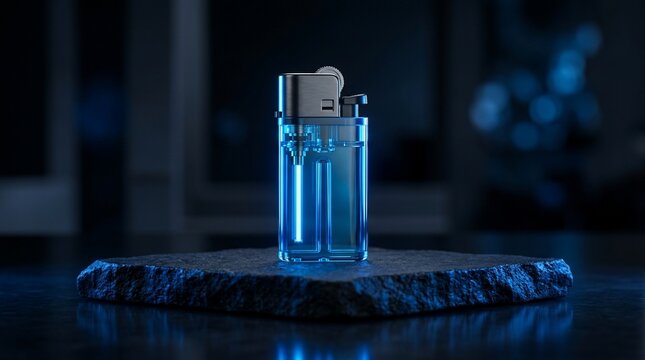 Modern disposable lighter with blue illumination against dark background
