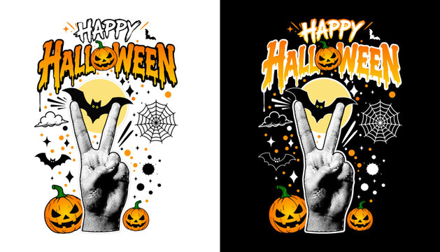 Happy Halloween T-Shirt Design with Peace Hand Gesture, Pumpkins, Bat and Spider Web