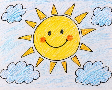 Cute smiling sun with blue clouds kids crayon artwork, bright sunny day oil pastel drawing.