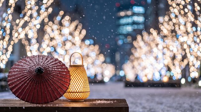 雪の降る夜、都会のイルミネーションの玉ボケを背景に置かれた和傘と行灯（広大なコピースペース）