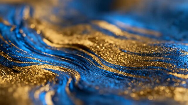 Abstract metallic blue and gold glitter fluid texture with shimmering waves and marble swirl pattern
