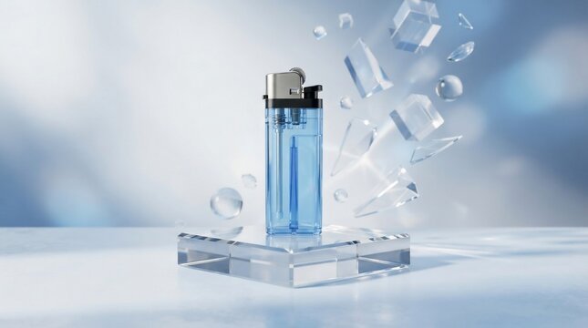 Transparent blue lighter on acrylic stand surrounded by floating ice cubes
