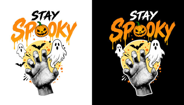 Stay Spooky Halloween T-Shirt Design with Haunted Hand, Ghost, Pumpkin and Bat