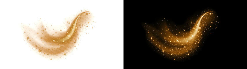 Golden stardust swirl sparkle trail glowing effect with magic dust particles design perfect for luxury projects available in PNG, Transparent and Black Background Versions © Crafter