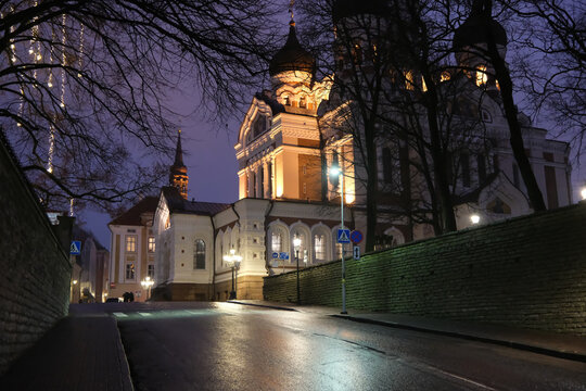illuminated Alexander Nevsky Cathedral and street at dusk in Tallinn Old Town
