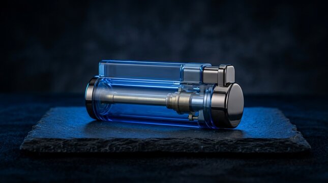 Futuristic Metallic Cylindrical Device on Dark Studio Background