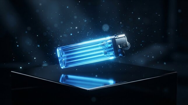 Transparent lighter with blue flame and glowing particles