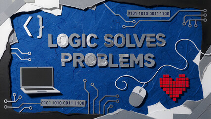 Naklejka premium Logic Solves Problems text with tech paper-cut icons. Features laptop, mouse, pixel heart, and circuit patterns for coding themes. Software development concept, ideal for IT marketing and education.
