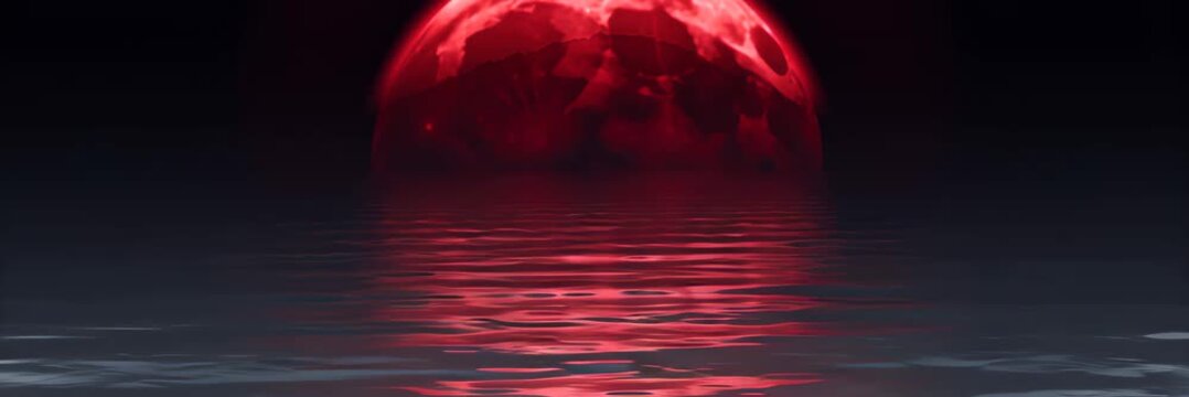 Huge red moon rising above dark ocean with glowing reflection, mystery concept for Halloween website banner