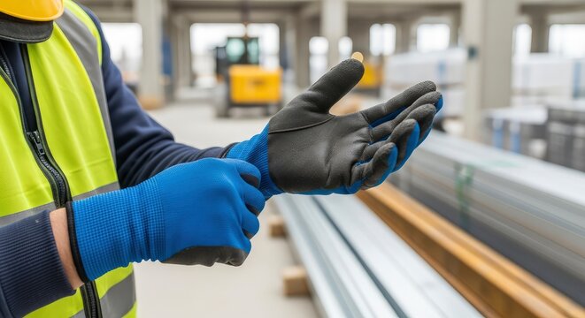 Construction worker putting on blue and black protective safety gloves at an industrial building site