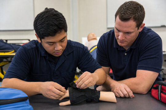 EMT Student Practicing Wrist Splint Technique
