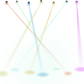 Colorful light projections forming dynamic crossing patterns on a white minimalist background with multi colored, projections