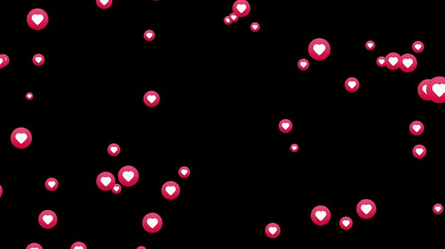 Heart fountain fly up. Stream reactions in social media. Follower like support. Love button emoji motion graphic. Live streaming in instagram, youtube, tiktok, twitch reaction. MOV Alpha Channel