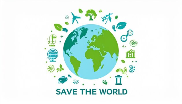 "Multiple diverse hands reaching upward surrounding globe with 'SAVE WORLD' text and eco icons, symbolizing global cooperation, sustainability, and collective responsibility to protect the planet."