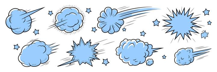 Comic jump motion effect set featuring cartoon speed clouds, smoke puffs, wind trails, dust bursts, whoosh rings, boom effects and dynamic doodle illustrations. ©  