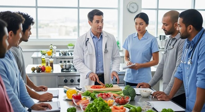 Doctor demonstrates healthy meal preparation to patients in a bright, modern kitchen classroom setting