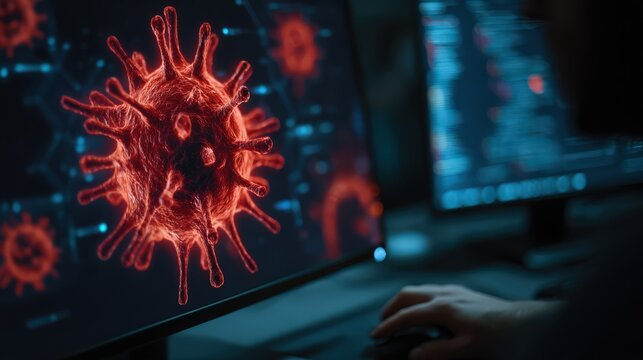 Virus 3D Model on Computer Screen with Data Visualization