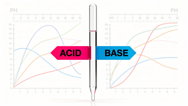 Glass pipette with acid and base arrows over pH measurement charts. Laboratory equipment for liquid testing and chemical analysis. PH balance concept for science and research marketing.