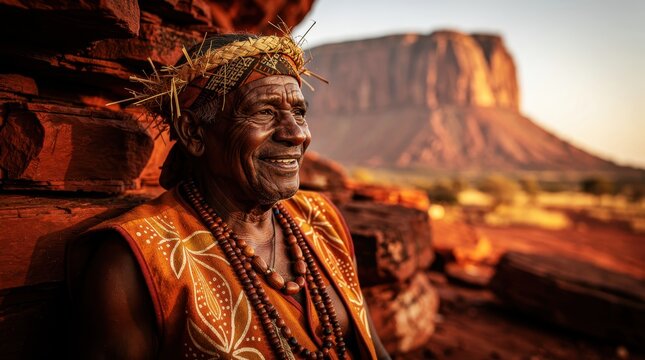 Elderly Indigenous man smiling in a red desert outback. Traditional elder in cultural attire near desert rock formations. Heritage and wisdom theme, ideal for travel and diversity marketing.