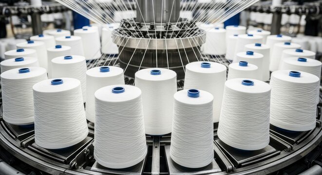 Industrial circular knitting machine with multiple spools of white yarn in a textile factory for garment production