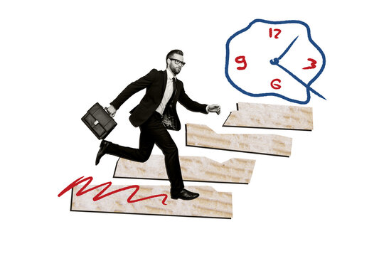 Photo collage young businessman runner director boss deadline clock time countdown hour minute diplomat suitcase punctuality schedule