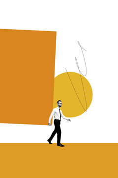 Vertical collage image young walking man entrepreneur reach goal aim target dream accomplishment business results drawing doodles
