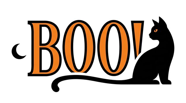 This spooky halloween image features a classic black cat silhouette alongside a crescent moon and the word 'boo ' in a vibrant orange