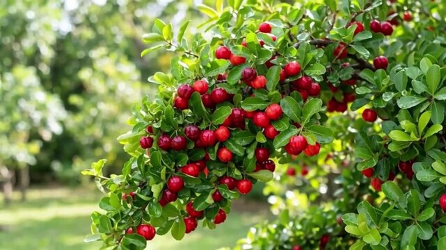Fresh Acerola Cherry Branch Hanging with Ripe Red Berries and Green Leaves in Organic Garden Farm