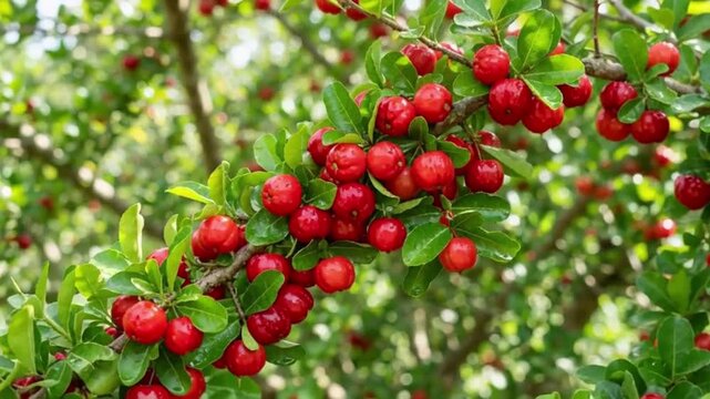 Fresh Red Acerola Cherries Growing on Tree Branch with Green Leaves in Orchard for Organic Agriculture and Healthy Food Production