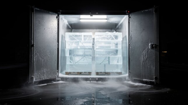 Large ice blocks stacked on pallets in a refrigerated container at night. Frosty interior with vapor rolling out from open doors. Cold chain logistics and industrial storage concept.