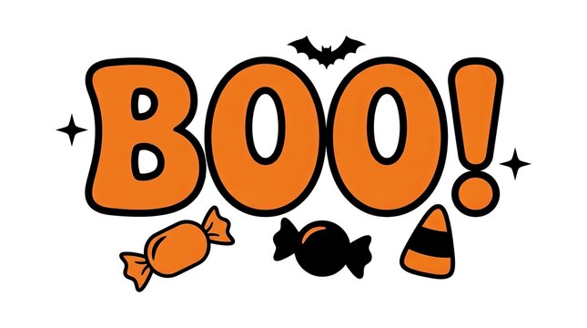 This vibrant halloween image showcases the classic 'boo ' greeting alongside delightful candies and a bat embodying the spirit of spooky season and