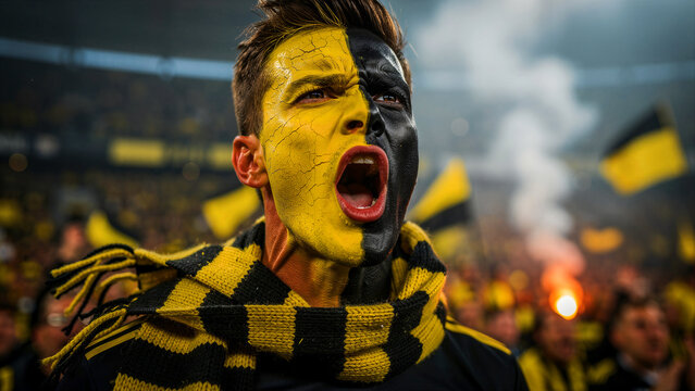 Soccer fan with yellow and black face paint shouting in stadium. Young man cheering intensely during a match. Fandom and team spirit concept, ideal for sports marketing and competitive events.